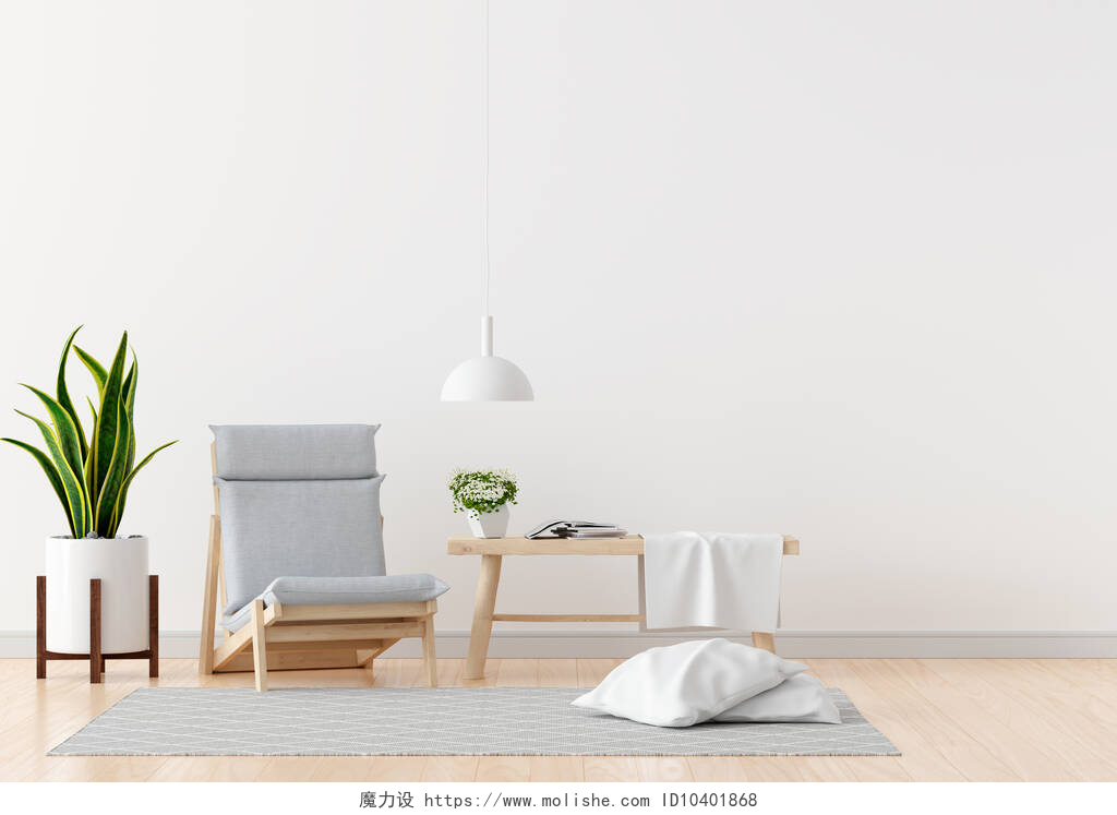 白色背景墙前的装饰白色客厅的灰色椅子和桌子，有可供模拟的自由空间，3D渲染